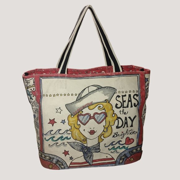 Brighton Seas The Day Stowaway Large Nautical Canvas Tote Bag Anchor Mermaid - Picture 1 of 14